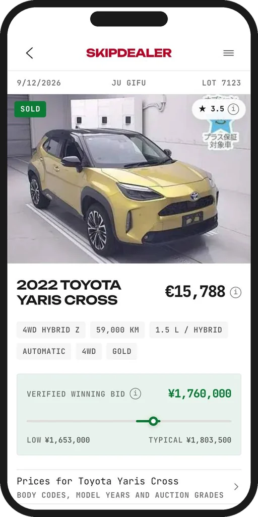 The SkipDealer app on Android: a 2022 Toyota Yaris Cross sold at auction in Japan, with its price on Cyprus plates and the verified winning bid