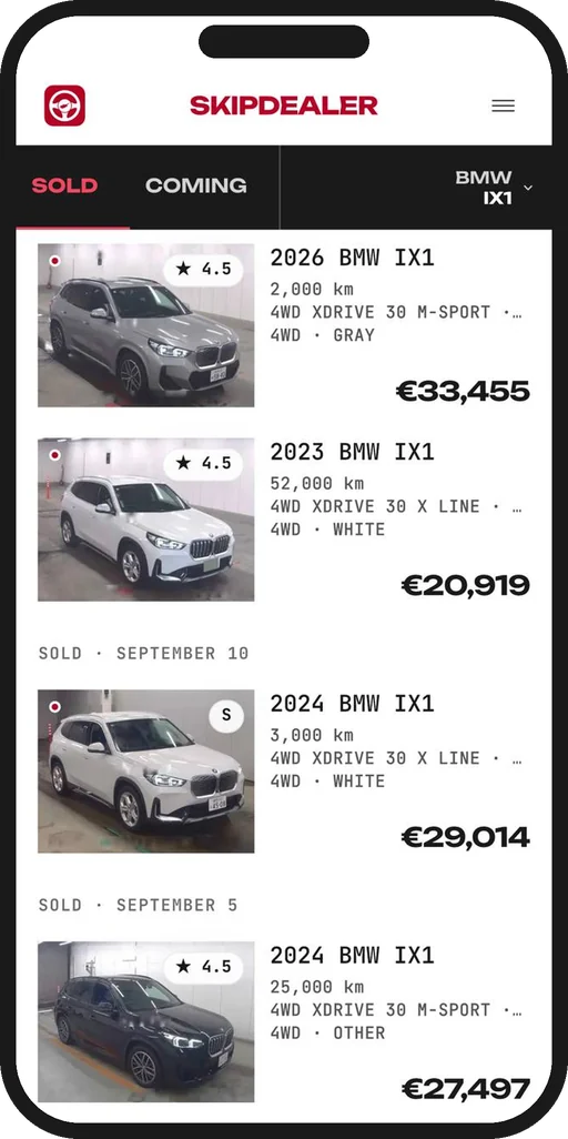 The SkipDealer app on iPhone: the Sold list for BMW iX1, each car with its price on Cyprus plates