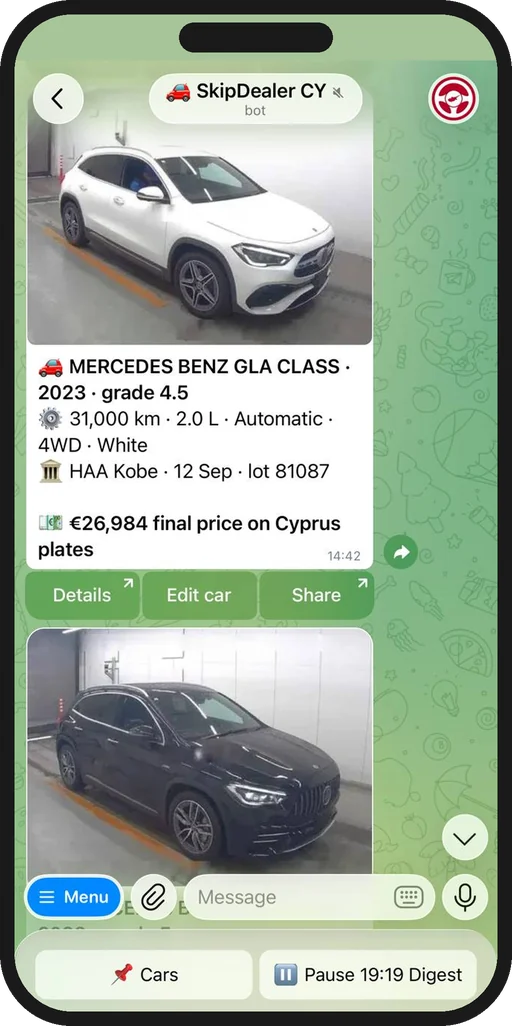 A SkipDealer bot message in Telegram: a 2023 Mercedes-Benz GLA sold at auction in Japan, with its final price on Cyprus plates